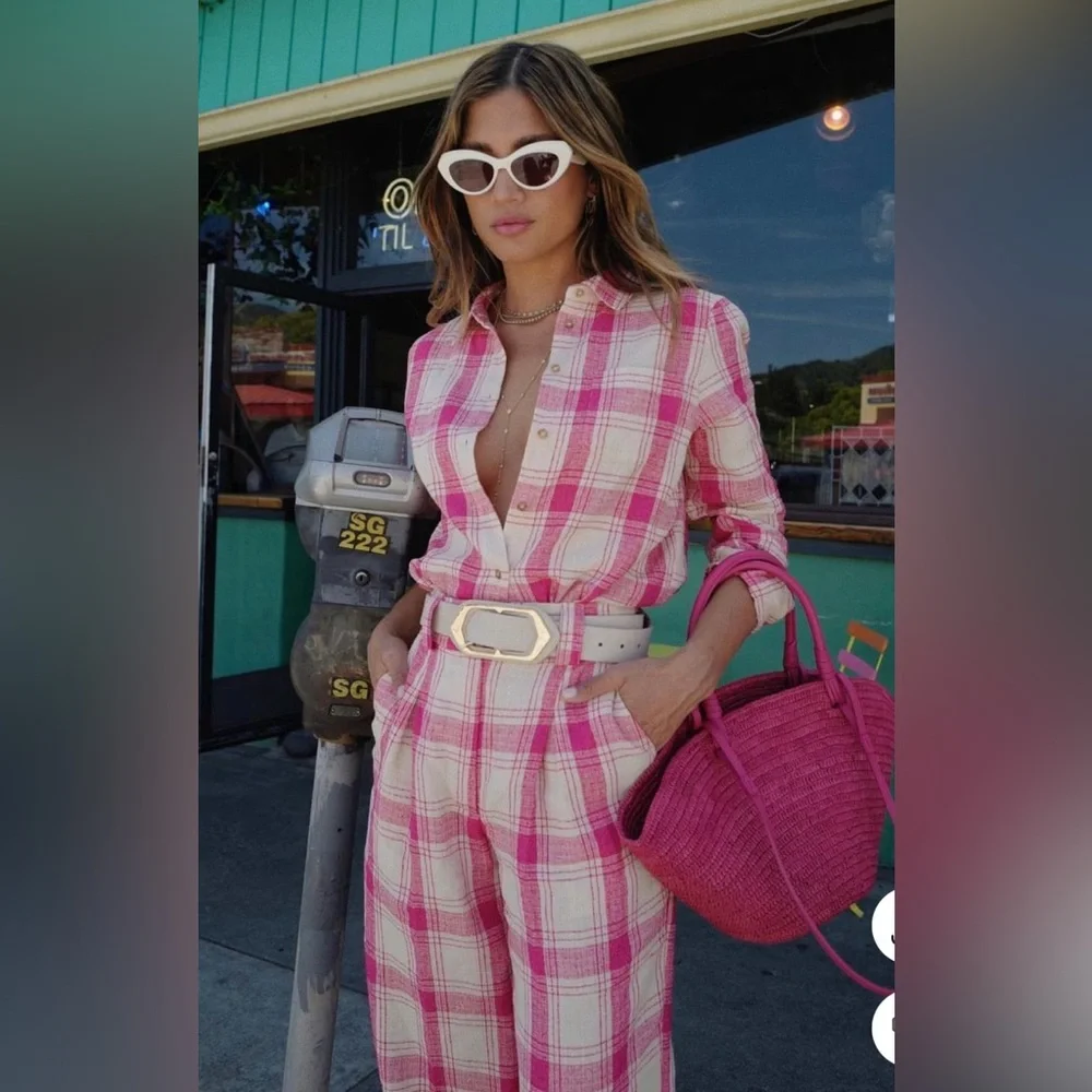 Sezane Tomboy Button-Up Shirt Plaid Pink White Maxi Check Sz 6 NWT Linen Blend - Picture 11 of 11